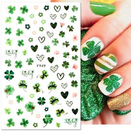 St. Patrick's Day Nail Art Stickers 6 Sheets Green Shamrock Four Leaf Clover Design Nail Decals for Nail Art 3D Self-Adhesive Nail Art Supplies for Women Girls Kids St. Patrick's Day Nail Decorations