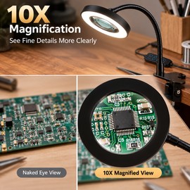 10X Magnifying Glass for Close-Up Work – 3 Color LED Desk Magnifier with Flexible Gooseneck Clamp for Reading & Nail Art