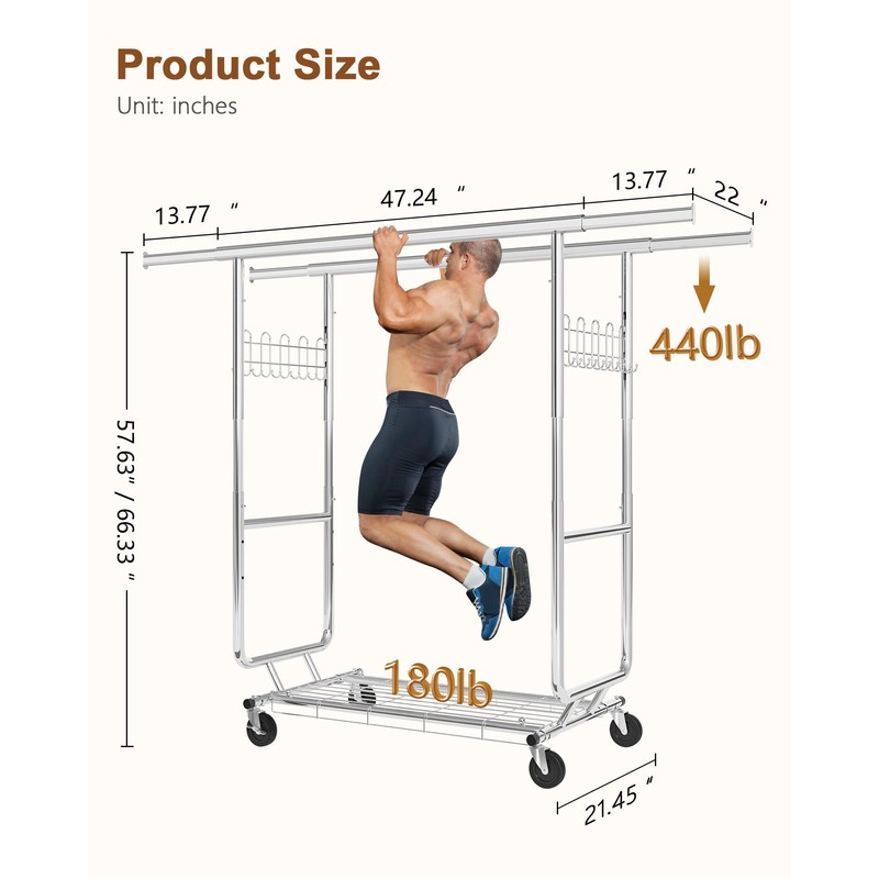 Hoctieon 2-Minute Assembly Double Rod Clothes Rack, Heavy Duty Rolling