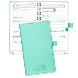 POPRUN 2026 Pocket Planner (Slim Size 4" x 6.75") Weekly and Monthly Calendar for Purse, with Hourly Time Slots, 100GSM Thick Paper, Spiral Soft Cover, Pen Holder - Green