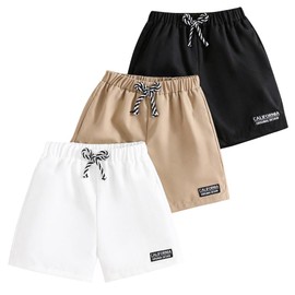 Nivne Tco Toddler Boy Clothes-Letter Patched Detail Boy Shorts-3 Piece Little Boys Summer Short Pants Sets (US, Age, 6 Years, Black + White + Khaki)