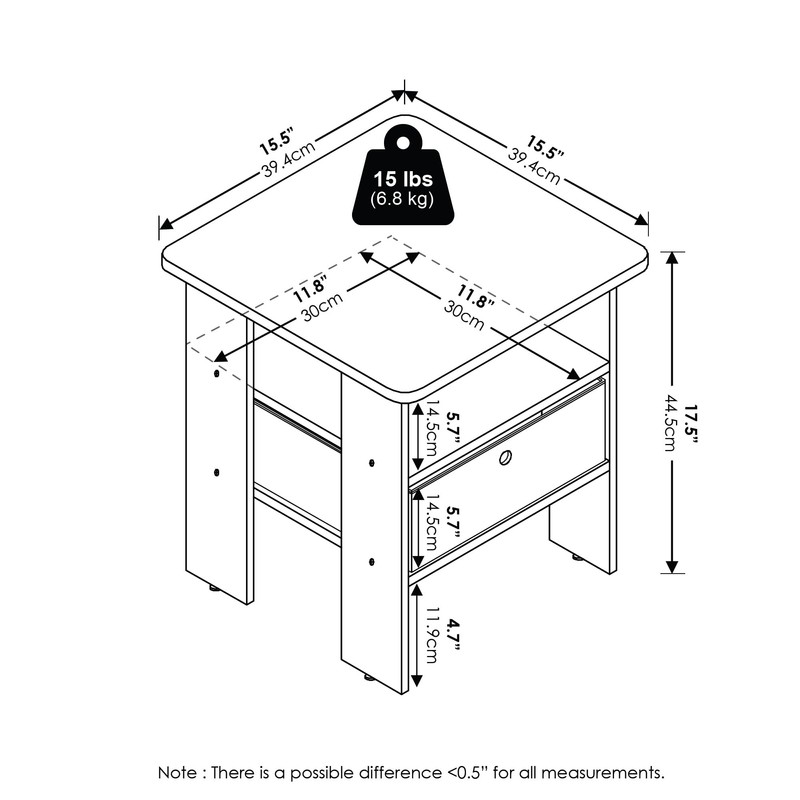 Furinno Andrey End Table Nightstand with Bin Drawer, White/Black