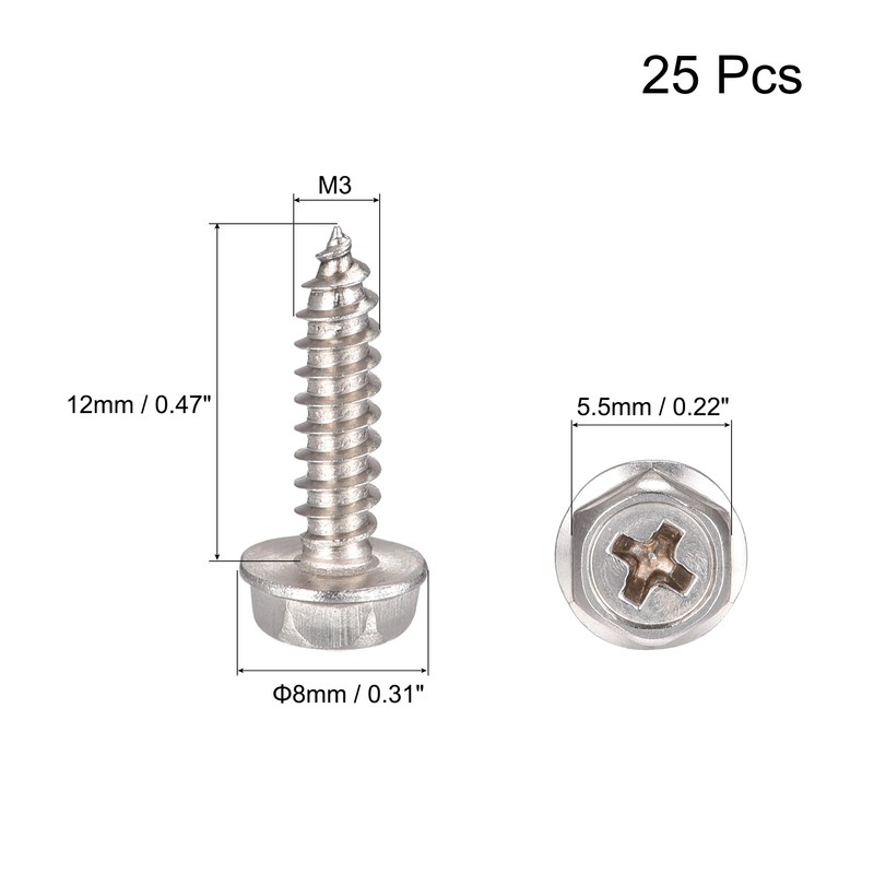 sourcing map Phillips Hex Washer Self Tapping Screws, M3 x