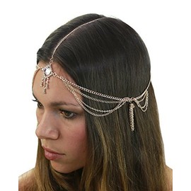 Women's Bohemian Fashion Head Chain Jewelry - Rhinestone Lozenge Charm 3 Draping Strand, Gold-Tone