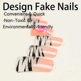Acrylic Press on Nails Duck Shape 24Pcs Glossy Full Cover Short French Rhinestone False Nails with Zebra Strips Designs Artificial Reusable Fake Nails with Charm Glue Stick on Fingernails for Women