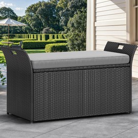 YITAHOME 90 Gallon Outdoor Wicker Storage Bench w/Cushion, Large PE Rattan Deck Storage Box w/Handles & Hydraulics for Patio Furniture, Cushions, Garden Tools, Pool & Sports Equipment, Black &Grey