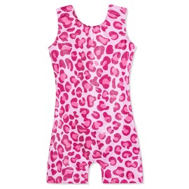 Domusgo Maillot de gimnasia para niñas brillantes de una pieza Pro Kids Unitard con pantalones cortos, Biketard con lunares de leopardo rosa, 7 Años