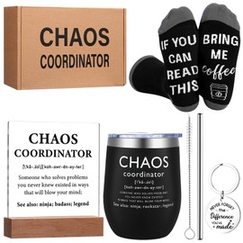 Chaos Coordinator Gift Set for Men Include 12 oz Tumbler Socks Chaos Coordinator Desk Sign Keychain with Box Employee Appreciation Gift for Boss Manager Coworker Staff Funny Office Decor(Dark Color)