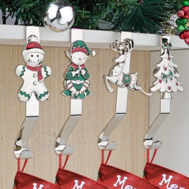 EBANKU Christmas Stocking Hangers for Fireplace,4 Styles Christmas Stocking Holders for Mantle Non-Slip Sturdy Mantel Stocking Hooks for Christmas Holiday Home Decoration Set of 4(Silver)