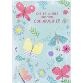 Designer Greetings Pink, Blue and Yellow Butterflies and Sparkling Flowers Juvenile Easter Card for Young Goddaughter