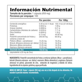Gluconato de Zinc 20 mg de Zinc Elemental | Uno al día | 100 Cápsulas | S&V | Sin Gluten y Sin OMG.