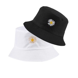 SUNTRADE Unisex Bucket Hat Double Sided Embroidered Summer Travel Beach Sun Visor Outdoor Packable Cap, white/black