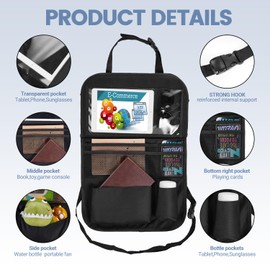 KOHUIJOO Backseat Car Organizer with Tablet Holder,6 Storage Pockets Car Seat Storage Organizer with Foldable Food Tray, Over Car Seat Organizer Kick Mats Back Seat Protector