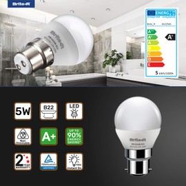 5X B22 BC Golf LED Bulbs 5W Cool White Daylight Brite-R 270° Beam 6500K 400lm 90% Energy Save* 50W Halogen Replacement Lamp AC220-240V WideAngle Frosted Home Office Lighting 2yr Warranty Pack of 5