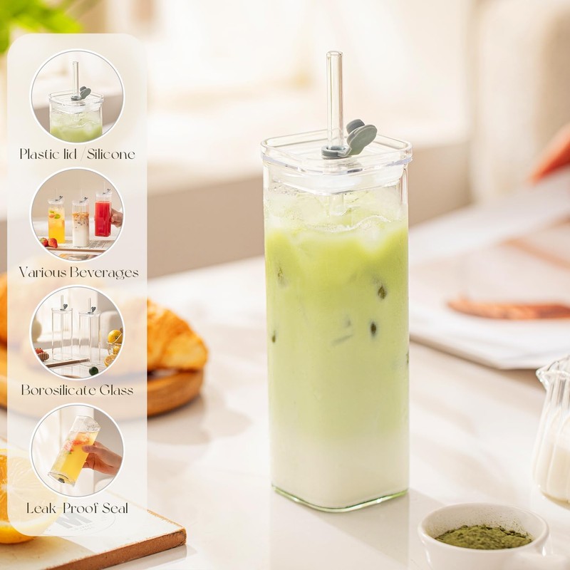KEMORELA 6 Sets Glass Cups with Lids & Straws, Square