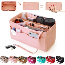 ETTP Purse Organizer Insert, Felt Tote Organizer Insert With Metal Zipper, Handbag Organizer For Speedy, Neverfull, Tote, Handbag, 7 Colors 5 Sizes (Medium, Brush Pink)