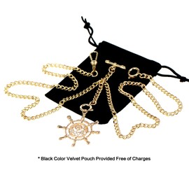 TREEWETO Men's Double Albert Chain Pocket Watch Curb Link Key Chain 3 Hooks with Antique Gold Rudder Pendant Design Charm Fob T Bar