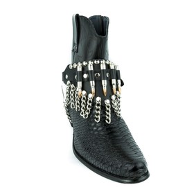 Punkaddict Boot Chain Strap Biker Western Boots Silver Chains Leather Straps Real Bullet
