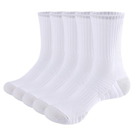 YUEDGE Womens White Cushioned Crew Socks Moisture Wicking Cotton Sports Training Athletic Socks for Women Ladies Socks Size 6-9, 5 Pairs