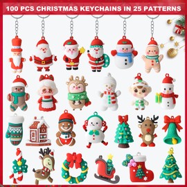 Becfupo 100 Pcs Christmas Rubber Keychains Bulk, 3D Santa Claus Snowman Xmas Tree Reindeer Hanging Ornaments With Keyrings For Christmas Tree Decoration, Xmas Party Supplies