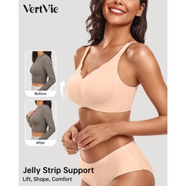 Vertvie Womens Seamless Bras No Underwire Supportive Wireless Push Up Full Coverage Bralette Comfort Scalloped T-Shirt Bra(Nude,Small)