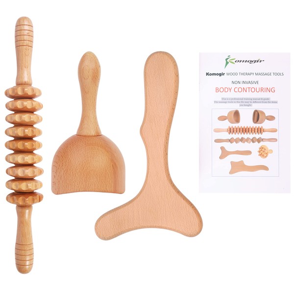 Komogir 3-in-1 Wood Therapy Massage Tools Lymphatic Drainage Massager Wooden Massager Body Sculpting Tools for Maderoterapia Colombiana,Anti-Cellulite,Body Contouring and Shaping