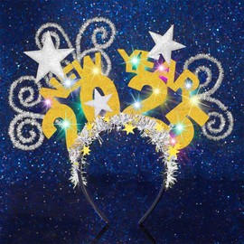 Handcess Luminous New Year Headband, Glittering LED Hair Band, Sparkling Luminous Costume Hairband, 2025 New Year's Eve Party Hair Accessories for Women (Gold, One Size)
