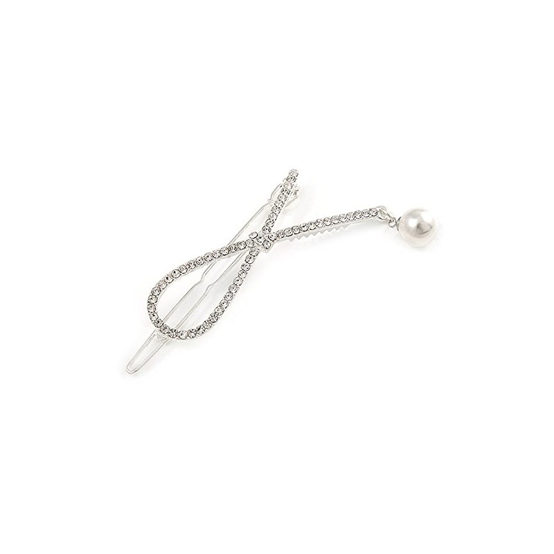 Silver Plated Clear Crystal, Simulated Pearl Bead Open Bow Hair