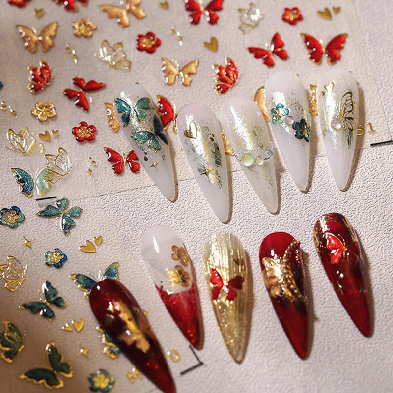 5D Embossed Butterfly Nail Art Stickers - Red & Gold