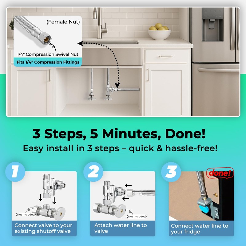 Refrigerator Ice Maker Water Line Kit - 12' Braided Stainless