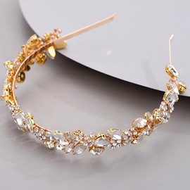 Chargances Dainty Rhinestone Flower Tiara Crown Headband Bridal Gold Handmade Crystal Crown Statement Handmade Bridal Head Pieces Hair Accessories for Bridesmaids Women Girl Party (Gold)