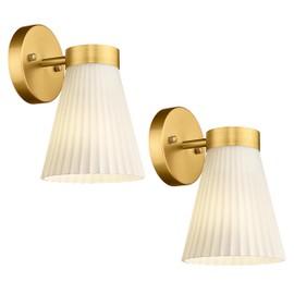Gold Wall Sconces Set of Two, HWH Modern Bathroom Vanity Sconce Wall Lighting Indoor Wall Lamp with Frosted White Striped Glass, 5HZG97B-2PK BG