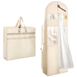 PercyEffie Wedding Dress Garment Bag, 72” Tri-fold Bridal Gown Bags with 6pcs Pouches for Long Gowns and Adjustable Buckle Gown Cover for Wedding, Evening Gowns, Travel, Closet Storage, Prom, Beige