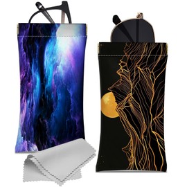 Cabreche 2 PCS Glasses Case Eyeglass Sunglasses Pouch Squeeze Portable Bag Soft Leather with Cleaning Cloth Women Men Girls-Purple Sunset