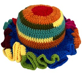 Hshsclth Boho Chic Knitted Hat for Women Handmade Crochet Color-Block/Contrast Color Ruffl Brim Bucket Hat (US, Alpha, One Size, Red top Contrasting)