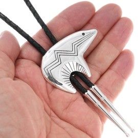 Navajo Heartline Bear Silver Bolo Tie Dimensional Sterling Design on Genuine Leather 0017