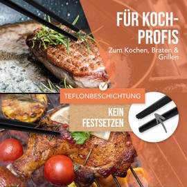 Large Barbecue & Cooking Tweezers (35 cm) Stainless Steel with Hanger and Black Teflon Coating - Sturdy Kitchen Tweezers, Barbecue Tweezers for Decorating, Serving and Turning Food of All Types