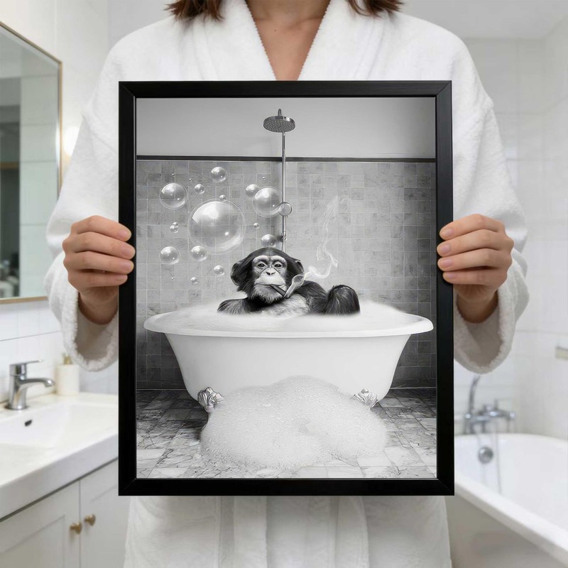 Framed Chimpanzee Bathroom Wall Art, Fun Black And White Monkey