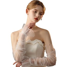 GRYUIRY Women's Long Bridal Wedding Tulle Gloves Mesh Fingerless Gloves Pearl 20s Christmas Opera Tea Party Hallowmas Dance Sheer Gloves Red