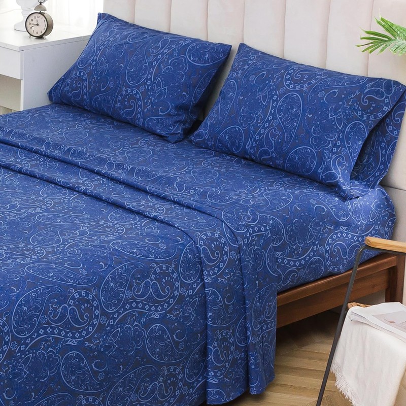 KACEMOO Bed Sheets King Size Navy Blue Paisley Sheets Printed