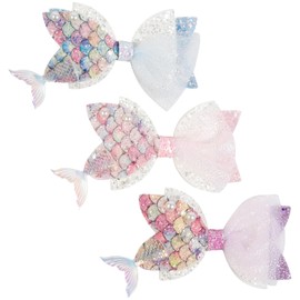 Mermaid Bow Hair Clips for Women Girls, 3 Pcs Sparkly Cute Bow Alligator Hair Clips, Kawaii Decorative Pearl Sequin Hair Accessories