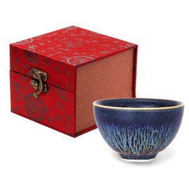 CmengAo Tenmokus Tea Cup, Blue Starry Sky Glaze Jianzhan Ceramic Tea Cup, Unique Chinese Small Kungfu Teacup for Tea, Coffee, Matcha or Everyday Use, Traditional Asian Porcelain Tea Bowl (Hat)