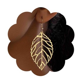 Dervivea Boho Gold Hollow Leaf Earrings Large Leaf Drop Earrings Filigree Leaf Hook Earrings Exaggerated Leaf Dangle Earrings Statement Leaf Earrings Jewelry for Women and Girls