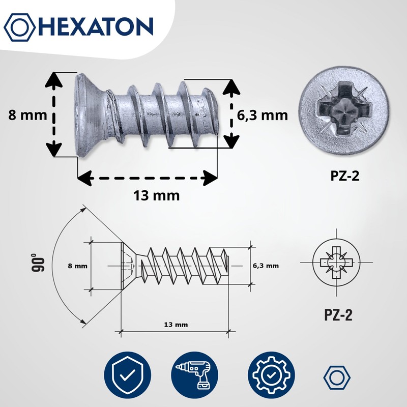 HEXATON Euro Screws with Countersunk Head 6.3 x 13 mm