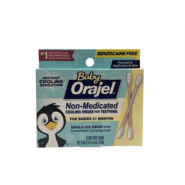 Orajel Baby Daytime Cooling Swabs for Teething, Drug-Free, #1 Pediatrician Recommended Brand for Teething*, 12 Swabs in Carrying Case