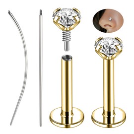 ZS 1 Pair Internal Thread Labret Lip Stud, 316L Stainless Steel Philtrum Ashely Jewelry 18G Flat Back Earrings Studs CZ Tragus Helix Nose Nostril Piercing for Women Men (Gold,18g,L:5mm,CZ:2mm)