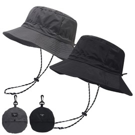 2Pcs Bucket Hats, Bucket Cap Wide Brim Sun Hat, Packable Buckets Hat with String, Foldable Beach Fishing Cap, Walking Hiking Boonie Hats, for Hunting, Camping, Hiking, Travelling, Fishing(Black,Gray)