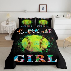 jejeloiu Kids Softball Comforter Set Twin Size Sports Theme Bedding Set for Boys Girls Teens Bedroom Decor Colorful Tie Dye Comforter Women Men Ball Game Duvet Set Twin Size with 1 Pillow Case
