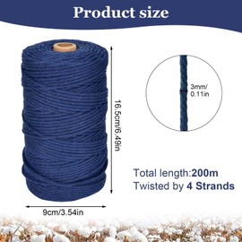 Macrame Cord, 3mm Colored Macrame Rope 220 Yards (About 200m), Natural Cotton Rope for Wall Hanging,Plant Hangers,DIY Crafts Knitting,Christmas Wedding Decorative Projects (Navy Blue)