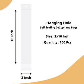 Morepack 2x10 Inches Hanging Hole Self Sealing Cellophane Bags Self Adhesive, 100 Pieces Clear Resealable Cellophane Bags with hanging header for Jewelry Necklace